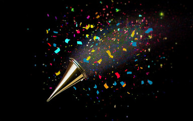 Poster - A gold party horn blows confetti into the air, against a black background. The confetti is colorful and festive.