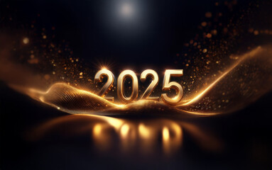 Poster - Golden 2025 numerals on a black background with a glowing, swirling wave.