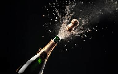 Poster - A champagne bottle is being popped, sending a cork flying and creating a spray of bubbles against a dark background.