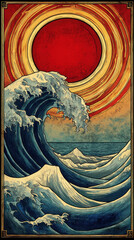 Poster - A painting of a wave with a red sun in the background. The mood of the painting is serene and peaceful