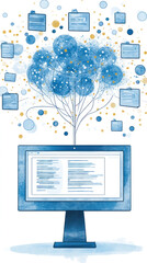 Poster - a computer monitor with a blue screen and a tree with many notes on it. the tree is surrounded by ma