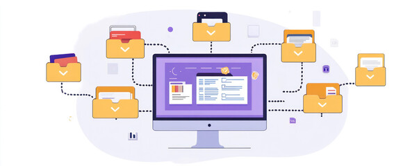 Poster - a computer monitor shows a network of folders and files. the folders are yellow and the monitor is p