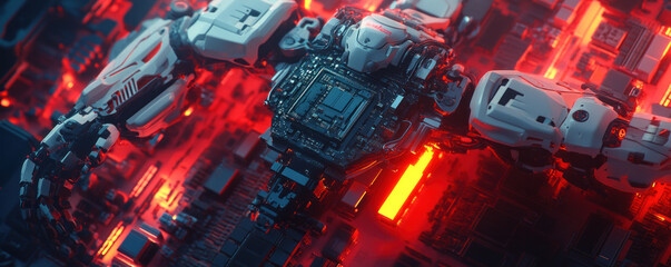 Poster - A robot is shown in a city with red lights and glowing wires. The robot is surrounded by a lot of technology and he is a part of a futuristic world. Scene is one of excitement and wonder