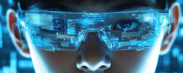Poster - A boy wearing blue glasses with a futuristic city in the background. Concept of technology and innovation