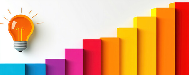 Poster - A colorful image of a light bulb on top of a series of colorful steps. Concept of progress and growth, as the light bulb represents an idea or innovation that can lead to new discoveries