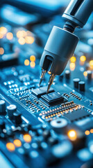 Poster - A close up of a circuit board with a robot tool probing the board. Concept of precision and technical expertise, as the robot tool is used to carefully examine the circuit board