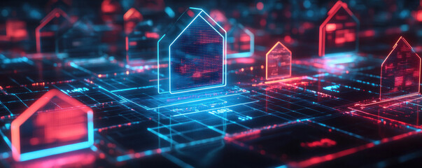 Poster - A computer generated image of houses in a city. The houses are all different sizes and colors, and they are all lined up in a row. The image has a futuristic and technological feel to it