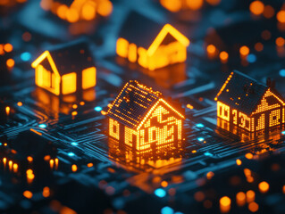 Poster - A computer generated image of houses with lights on them. The houses are arranged in a grid and are lit up in different colors. The image has a futuristic and technological feel to it