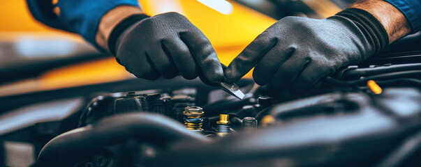Poster - A mechanic is working on a car engine. Concept of precision and expertise as the mechanic carefully inspects and repairs the engine