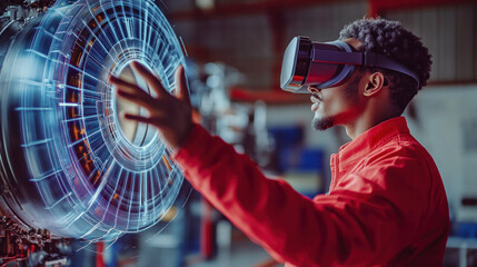 Poster - A man in a red jacket is wearing a virtual reality headset and pointing at a large screen. Concept of excitement and wonder as the man explores the virtual world