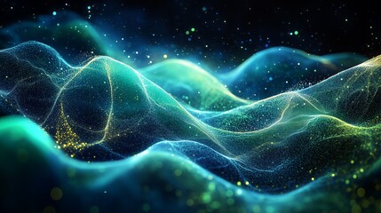 Poster - Abstract blue and green glowing background with flowing waves of light, an AI-generated technology concept