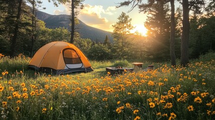Poster - A cozy orange tent is pitched amidst a field of blooming wildflowers as the sun sets behind majestic mountains, creating a peaceful atmosphere.