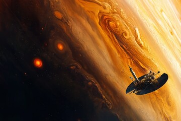 Poster - A robotic space probe passing by Great Red Spot, capturing high-resolution images of the massive storm.