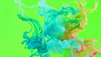 Wall Mural - Abstract Ink Swirls in Vibrant Hues: A mesmerizing dance of green, blue, and orange ink swirls against a vibrant Green screen background, creating a captivating abstract artwork.