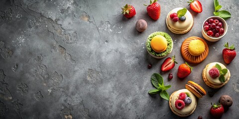 Artful dessert composition on matte gray surface, food styling, elegant, minimalistic, creative