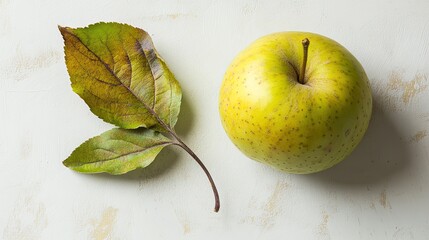 A single, yellow apple with brown and green leaves on a white textured background.