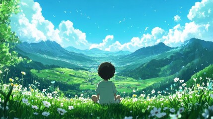 A cute anime-style boy sits on the grass, admiring a beautiful landscape featuring mountains and fields, with little flowers surrounding him.