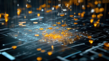 Digital data visualization with floating golden coins and binary numbers, representing financial technology and cryptocurrency trends