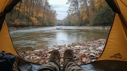 Aufkleber - A pair of feet in hiking boots rests outside a tent while overlooking a calm river surrounded by vibrant autumn foliage. The tranquil atmosphere invites relaxation.