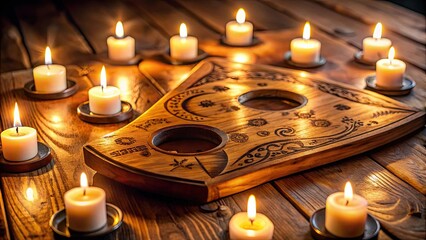 Close up of a wooden ouija board with a planchette on a table surrounded by candles and warm light, Ouija board