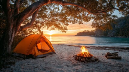 Poster - A vibrant orange tent is set up on sandy shores, with a crackling campfire nearby. The sun sets over calm waters, creating a serene atmosphere perfect for camping.