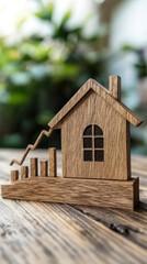 Poster - A wooden house with a window and a roof is on a wooden table. The house is surrounded by a series of wooden sticks that are arranged in a way that they look like they are rising up