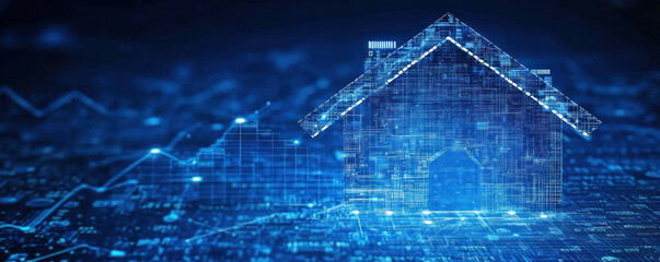 Poster - a house is shown in a blue background with a lot of lines and numbers. the house is surrounded by a 