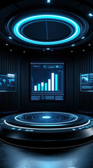 Poster - A futuristic room with a large screen displaying graphs and numbers. The room is filled with blue lights and has a futuristic feel to it