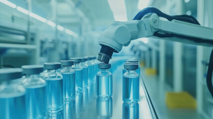 Poster - A robot is filling bottles with a blue liquid. The bottles are lined up on a table