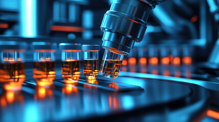 Poster - A machine is examining a row of glass bottles. The bottles are filled with a liquid and are being inspected for quality. Concept of precision and attention to detail