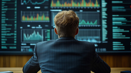 Data Driven Decisions: A businessman intently studies a large screen filled with complex financial data, illustrating the power and importance of data-driven insights in today's business world.  