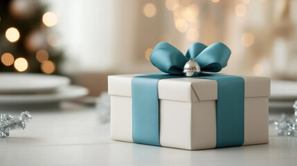 A beautifully wrapped gift box with a turquoise ribbon and bow, set against a softly lit background, evoking a festive atmosphere.