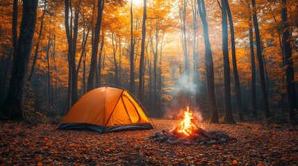 Poster - A bright orange tent is pitched near a glowing campfire surrounded by colorful autumn trees. The sun sets, casting warm light on the scene.