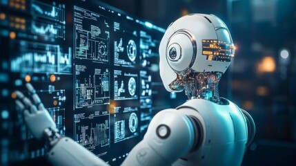 Poster - Futuristic Robot Analyzing Data on Digital Interface