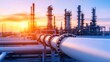 © Shutter2U - A industrial sunset scene with large pipelines leading to a refinery. Glistening white pipes reflect warm hues, while towering structures rise against a colorful sky, embodying energy and industry.