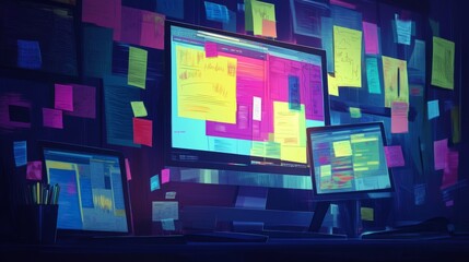 Poster - Colorful Workspace with Monitors and Sticky Notes