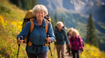 Wall Mural - older women enjoy a scenic mountain hike along a beautiful trail in nature during a sunny day