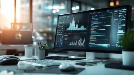 Poster - Modern Workspace with Data Analysis on Computer Screen
