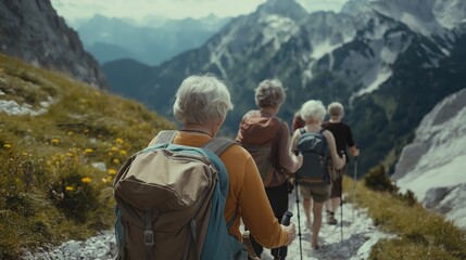 Wall Mural - older women enjoy a mountain hike along a scenic trail surrounded by stunning nature
