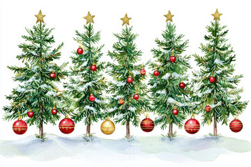 A festive illustration of five decorated Christmas trees, each adorned with colorful ornaments and topped with a star, set against a snowy backdrop.