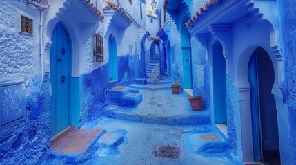 Blue City Morocco Narrow Street Architecture with Blue Walls and Doors