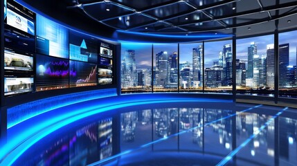 Poster - Modern Studio with City Skyline and Data Displays