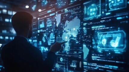 Poster - Businessman Interacting with Digital World Map Display