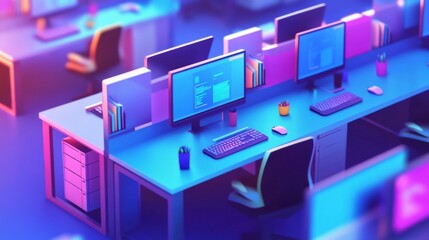 Poster - Modern Office Workspace with Computers and Colorful Lighting