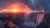 Majestic Sunset Over Victoria Falls With Double Rainbow