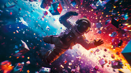 spaceman walking around a planet with piano tiles graphic illustration. wallpaper