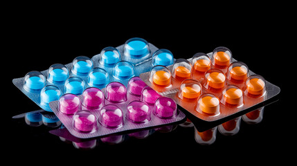 Poster - Colorful pills blister packs reflecting on black background