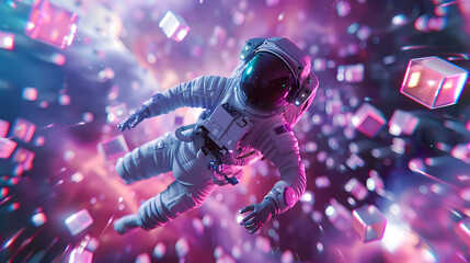 Spaceman walking around a planet with piano tiles graphic illustration. wallpaper