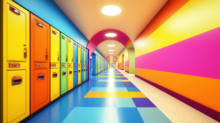 Poster - Colorful school hallway with lockers and checkered floor