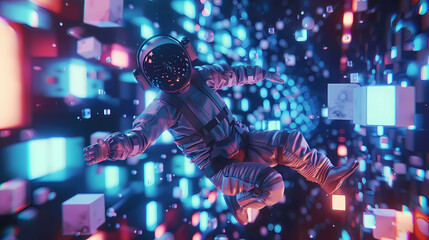 Spaceman walking around a planet with piano tiles graphic illustration. wallpaper